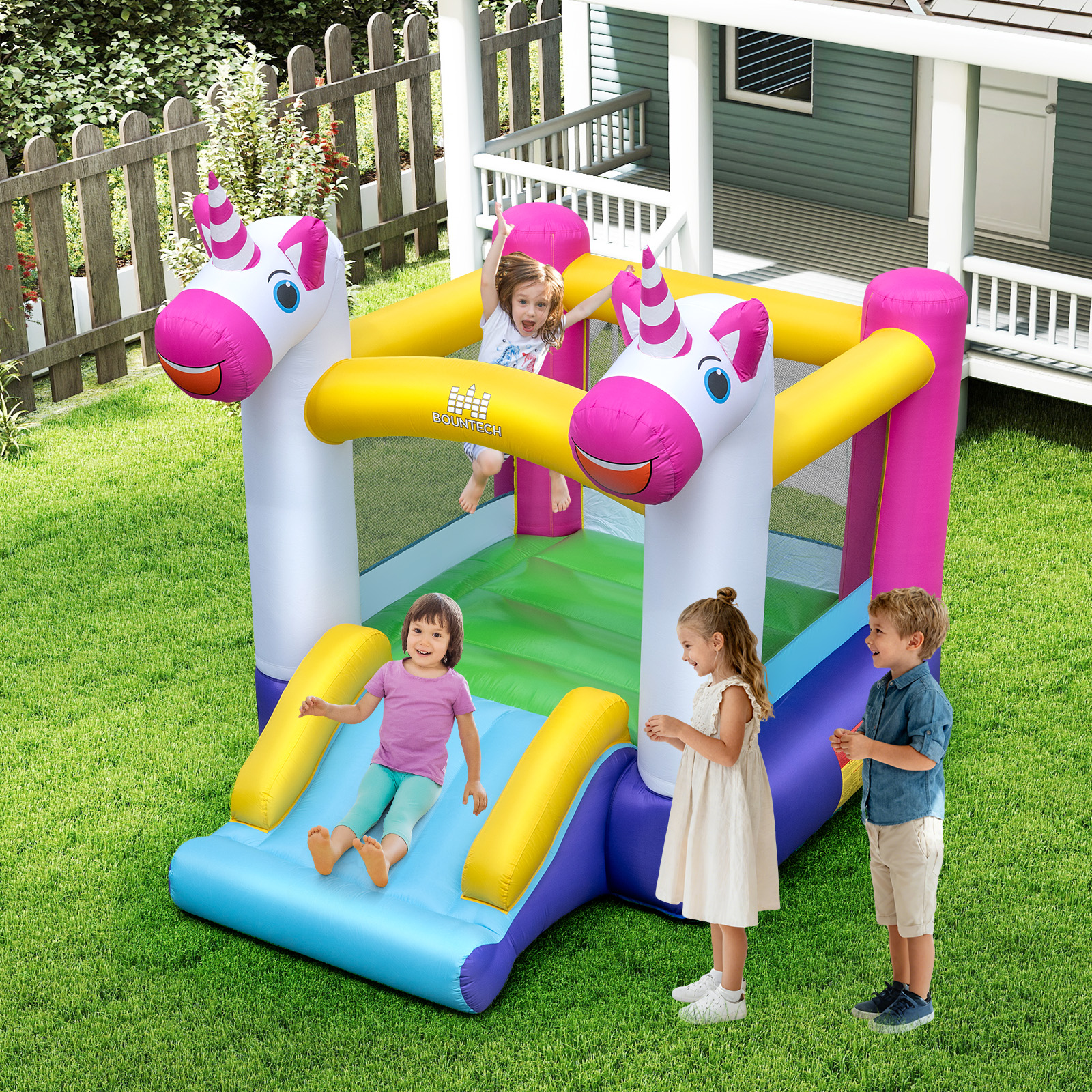 Hüpfburg mit Rutsche und Sprungbereich kleine Bouncy Castle für Kinder Innen- und Außenbereich Mehrfarbig