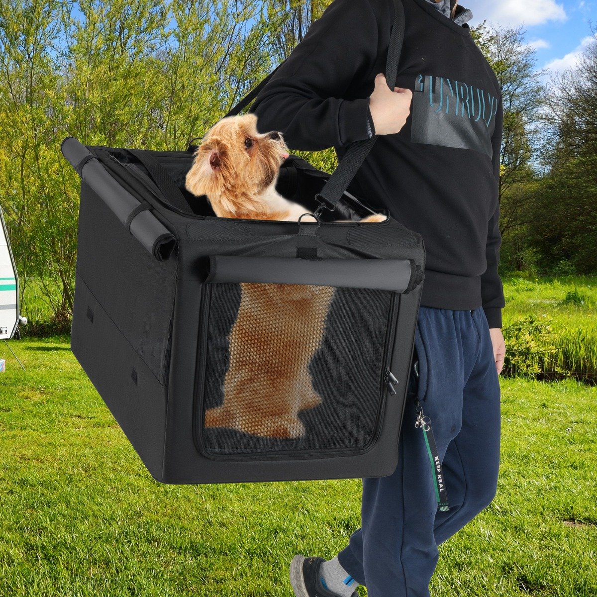 Faltbare Hundebox mit 2 Öffnungen & Fenster & Netzkorb Hund Transportbox Hundetasche 88 x 72 x 48 cm