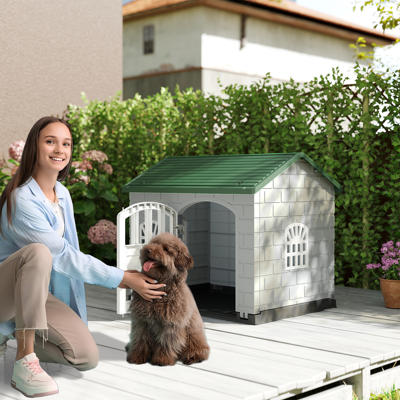 Hundehütte Kunststoff wetterfester Hundehaus mit abschließbarer Tür 3 Fenstern & Schrägdach für kleine Hunde Katzen Grün