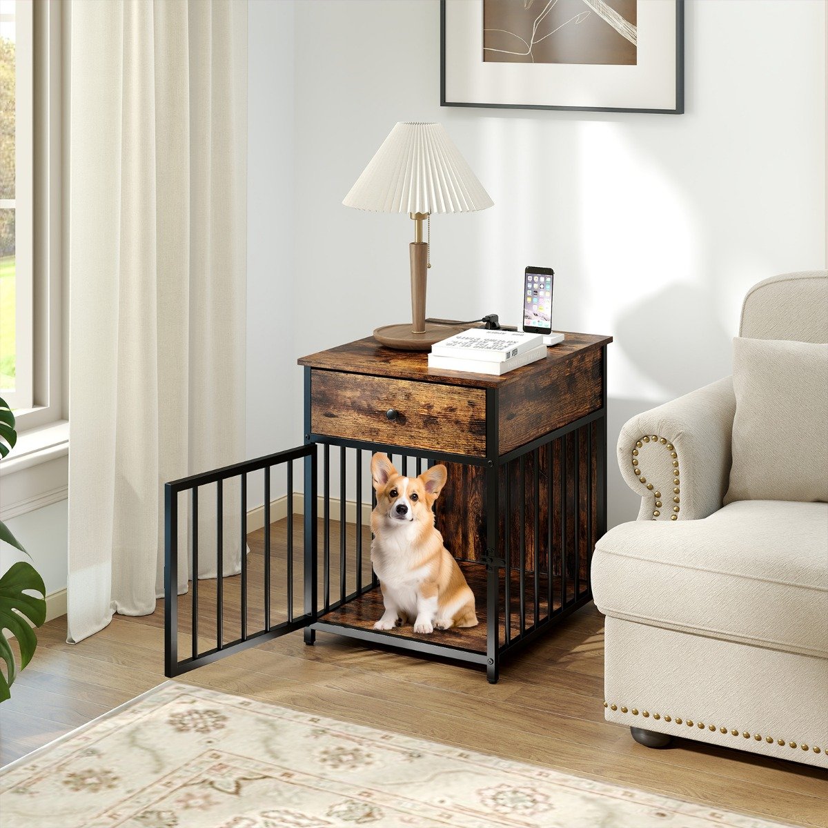 Hundekäfig Möbel Hundebox für Zuhause mit Ladestation Tür Schublade & Metallrohren Braun