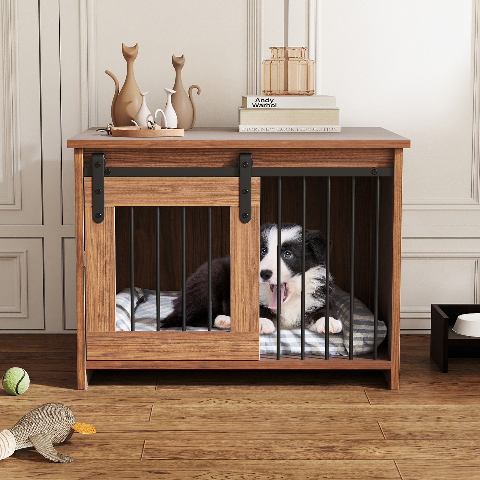 Hundekäfig Möbel mit Schiebetür Hundebox aus Metall Holz Hundehütte Haustierkäfig Braun