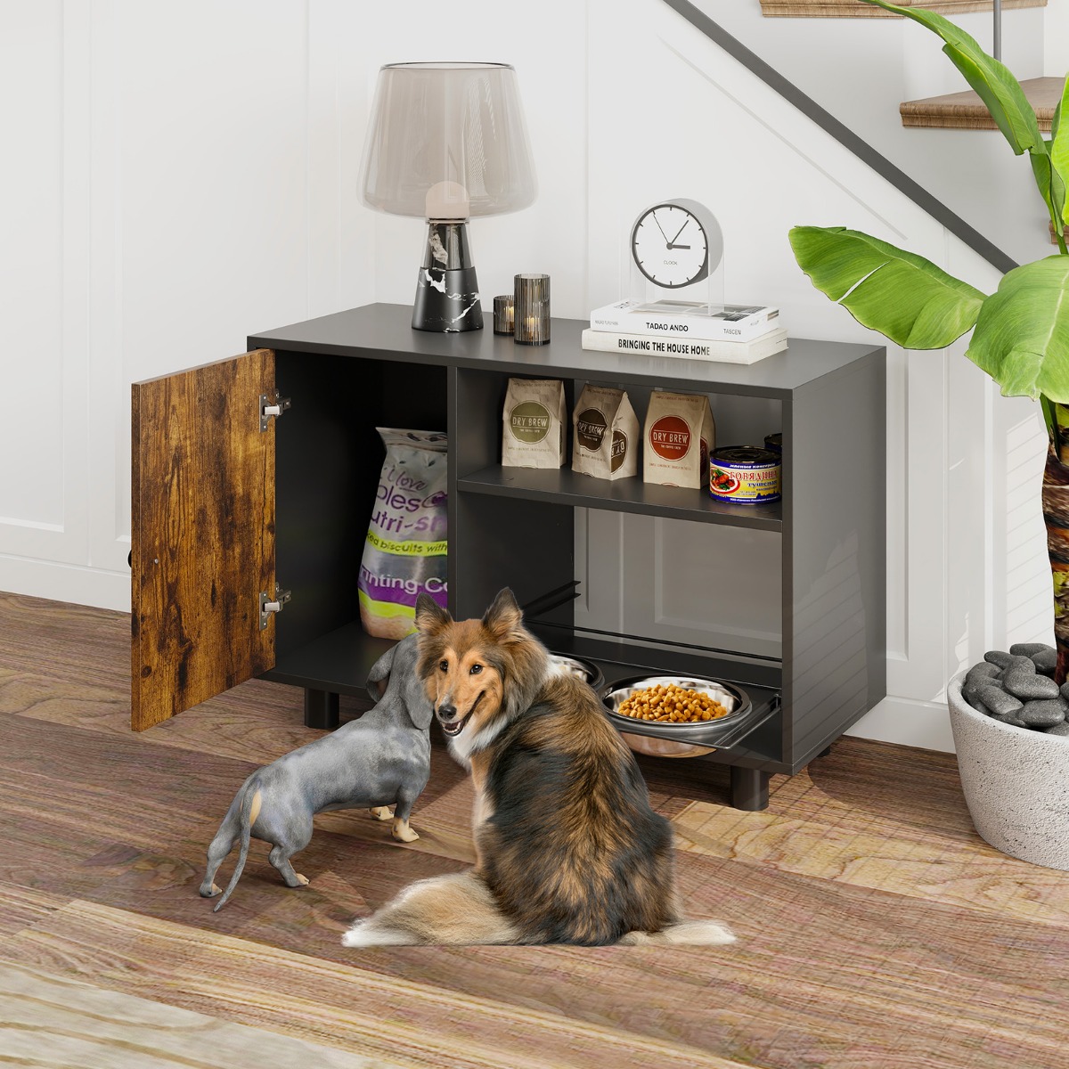 Haustier-Futterschrank mit 2 Edelstahlnäpfen Ausziehbare & höhenverstellbare Futterstation Braun