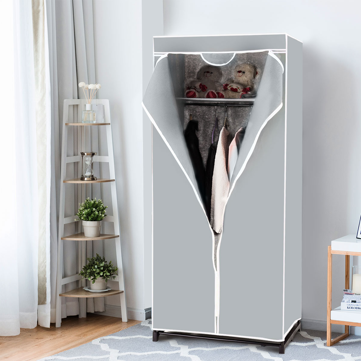 Stoff Kleiderschrank mit Kleiderstange & Ablage Stoffschrank Faltschrank Stoffkleiderschrank Grau