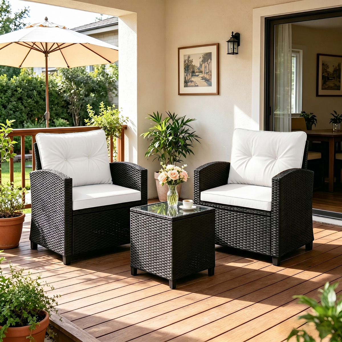 3 TLG. Rattan Gartenmöbel Set inkl. 2 Sessel & 1 Beistelltisch Sitzgarnitur mit Kissen Sitzgruppe Weiß