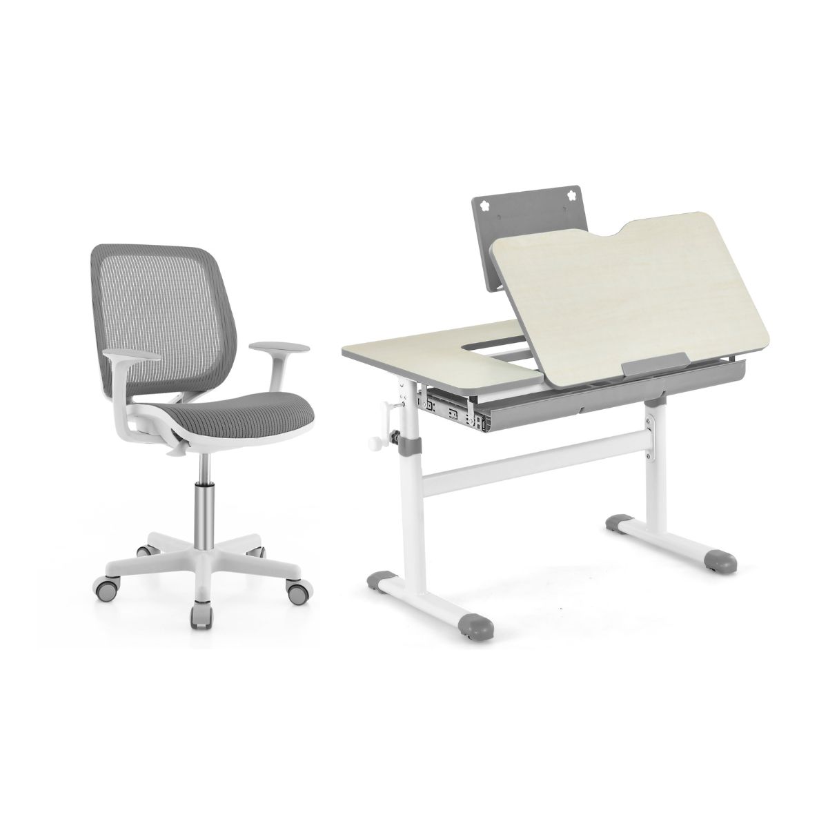 Höhenverstellbarer Kinderschreibtisch + Kinderdrehstuhl Set Schreibtisch Schreibtischstuhl Grau