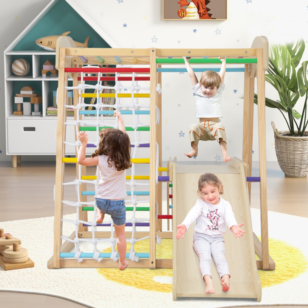 Klettergerüst Indoor Pull Up Bar & Rutsche & Kletternetz & Leiter & Tunnel 205 x 112 x 120 cm Natur