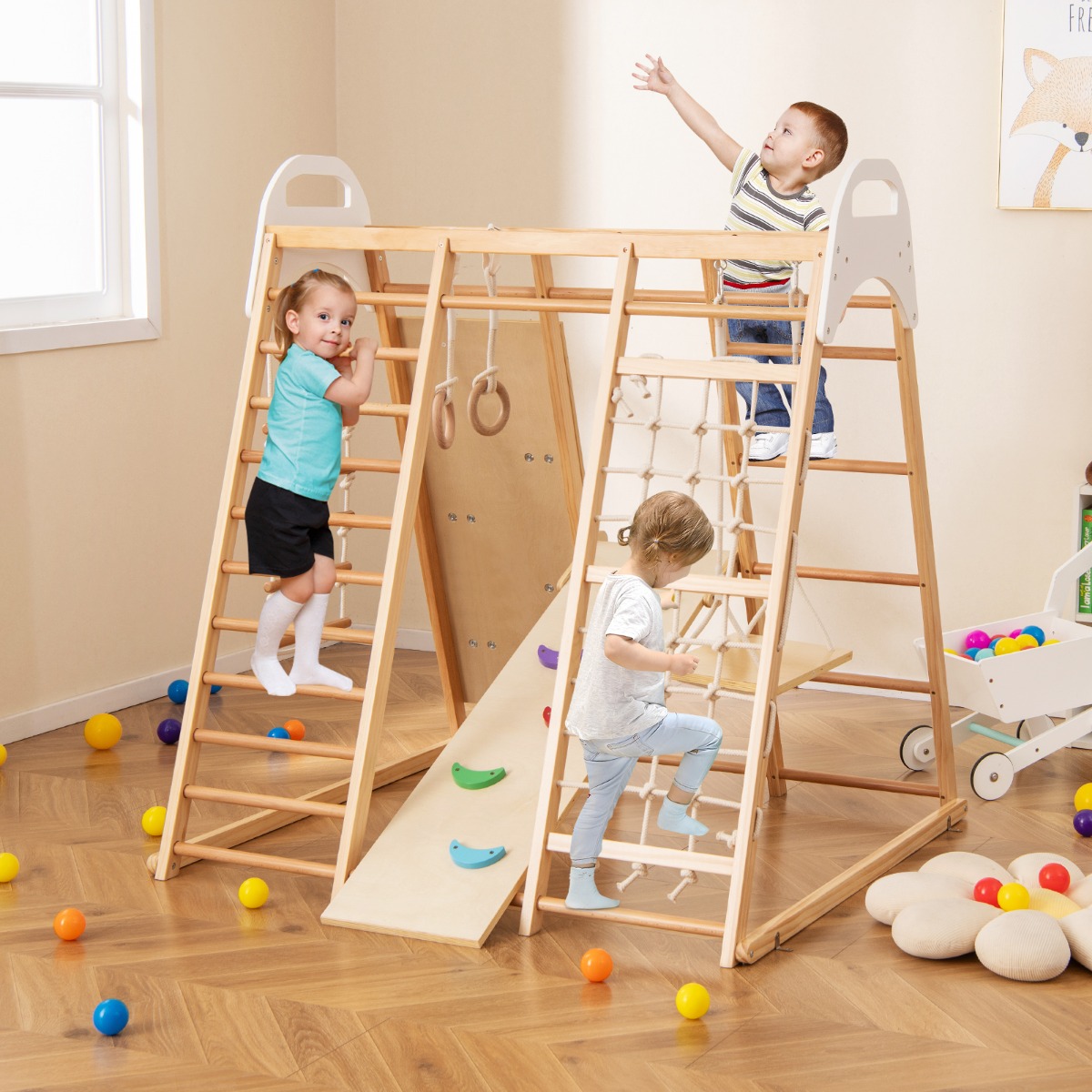 8-in-1-Klettergerüst Indoor-Spielplatz & Pull Up Bar & Turnringe & Leiter & Rutsche & Kletternetz 127 x 118 x 138 cm Natur