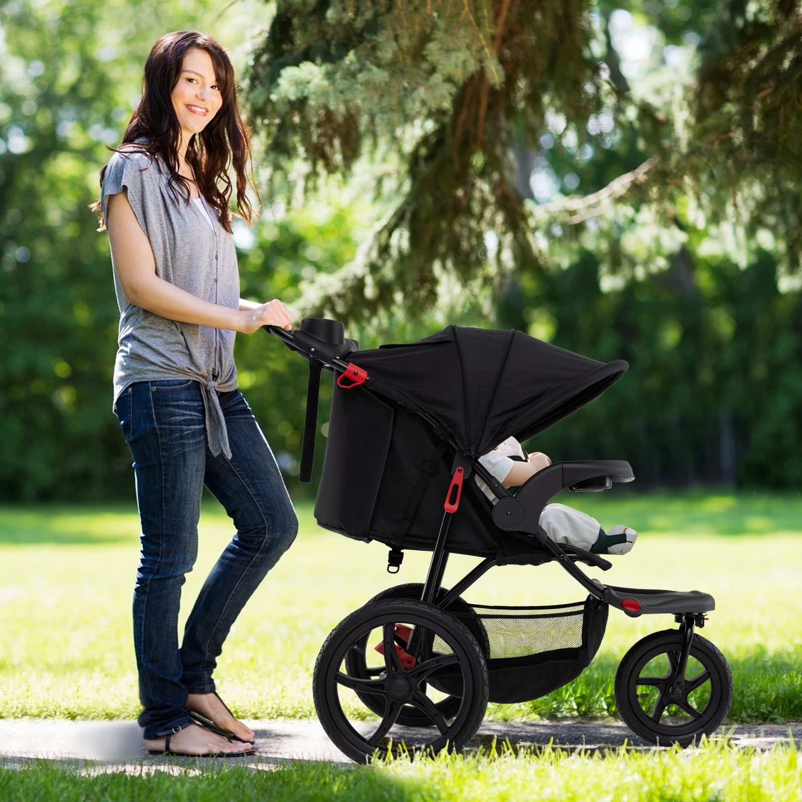 Jogging-Kinderwagen faltbarer Jogger mit verstellbarem Sonnendach neigbarem Sitz Schwarz