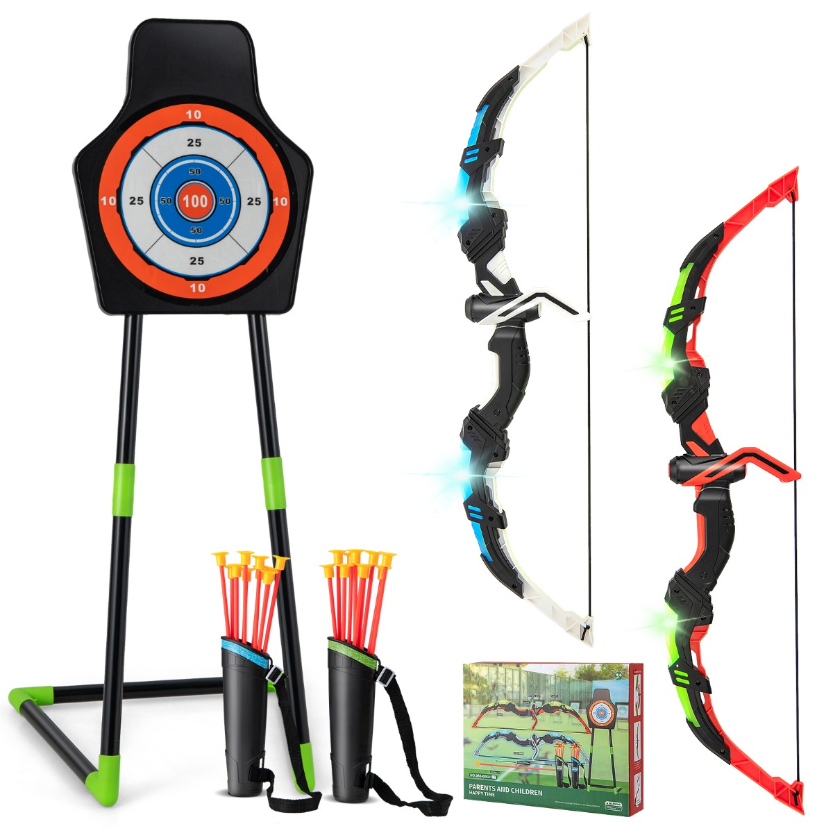 2er Pack Kinder Bogen und Pfeil Set LED Beleuchtetes Bogenschießspielzeug-Set
