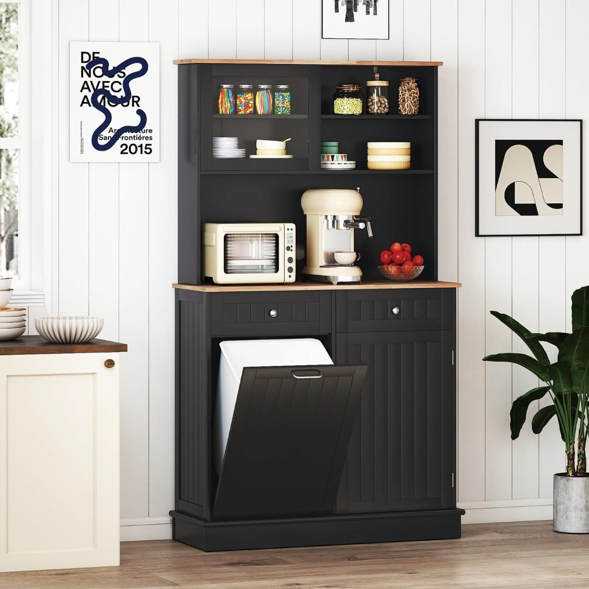 Küchenschrank für 45 L Mülleimer mit 2 Schubladen & Verstellbaren Einlegeböden Buffetschrank Schwarz