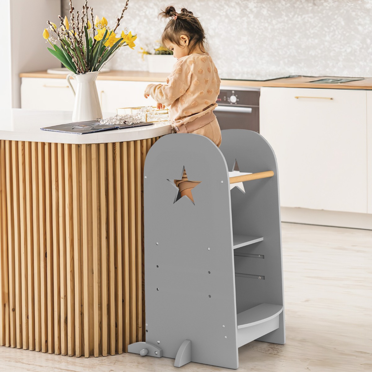 3 in 1 Lernturm Kinder Tritthocker mit 3 verstellbaren Höhen 90 kg Belastbar Grau