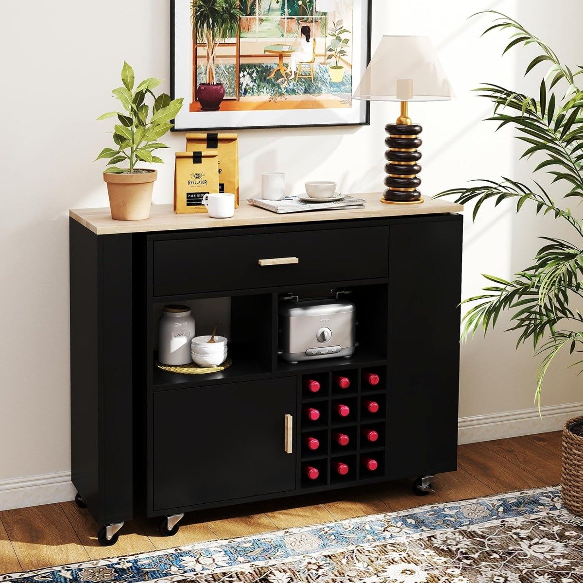 Küchenwagen & Bartisch mit Verstellbarem Regal & Schublade & Gewürzregal & Weinregal Schwarz