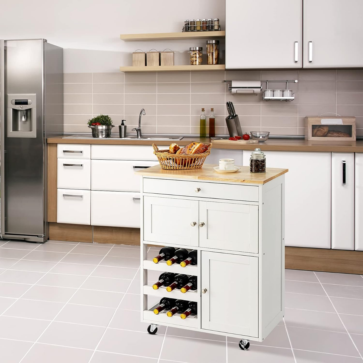 Holz Küchenwagen Servierwagen Küchentrolley mit 3 Weinregalen mit Arbeitsplatte