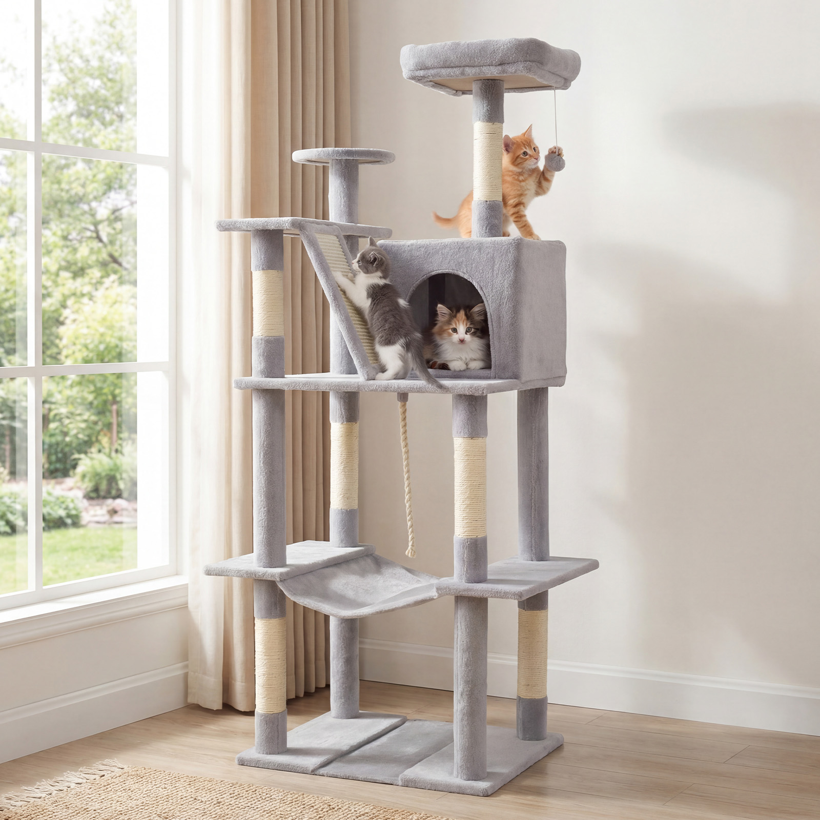 Katzenbaum 158cm Mehrstöckig Mit Aussichtsplatz Höhle Hängematte Sisal Kratzpfosten Kletterstand Für Kätzchen Hellgrau