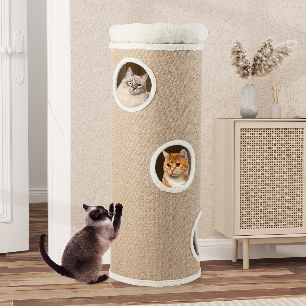 4-stöckiges Katzenhaus für mehrere Katzen erhöhter Haustier-Unterschlupf mit abnehmbarem Plüschbett Braun