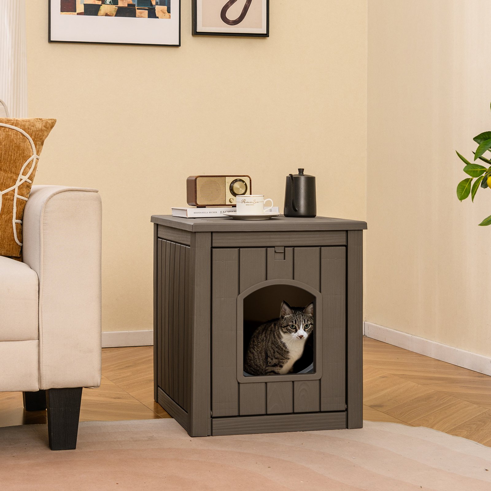 Katzenhaus mit Klapptür & Erhöhtem Boden Katzenklo Schrank aus PP Katzentoilette Grau