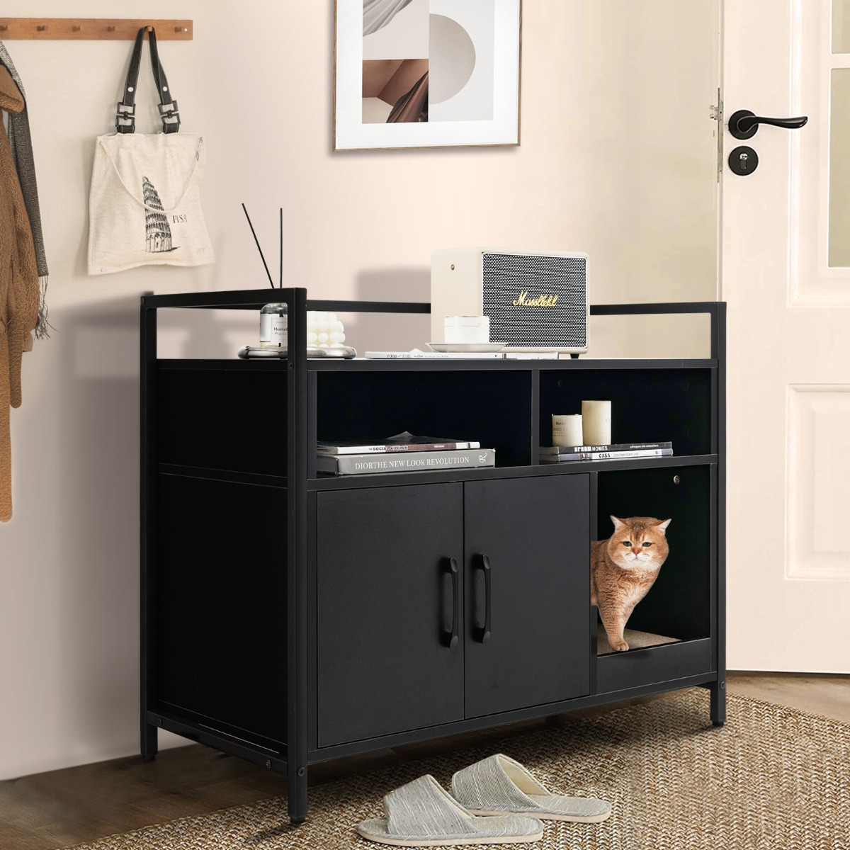 Gehäuse für Katzentoilette Katzenschrank mit Doppeltüren & Kratzunterlage 89 x 45 x 74,5 cm Schwarz
