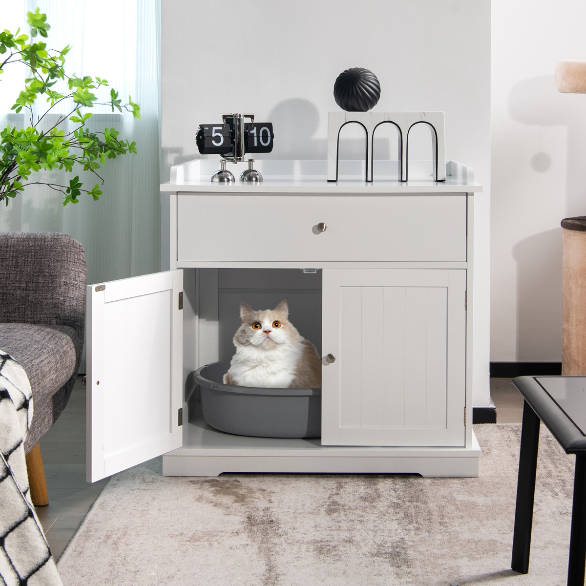 Moderne Dekorative Katzentoilette Beistelltisch mit Schublade und 2 Türen für den Innenbereich Weiß