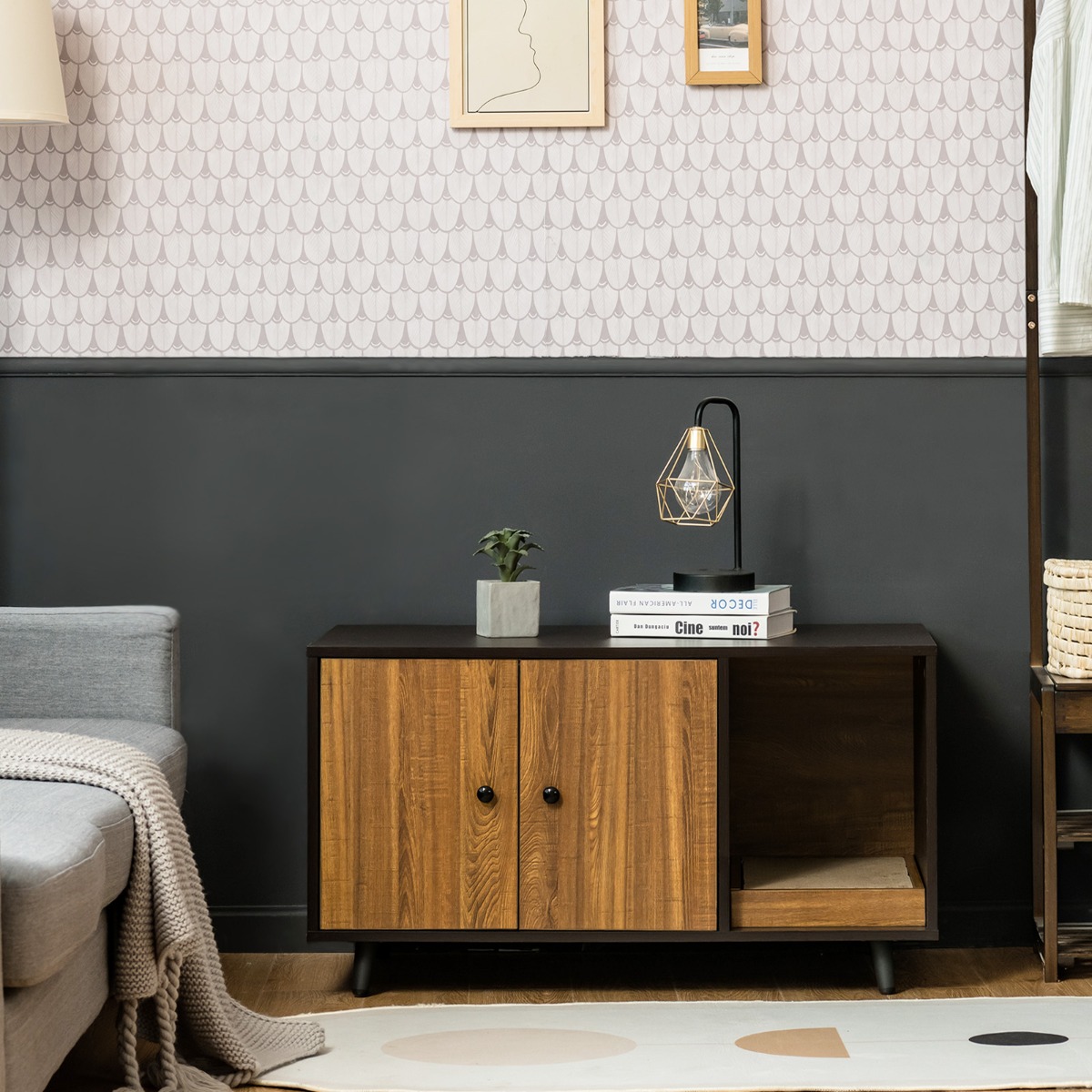 2 in 1 Beistelltisch & Katzenschrank mit Kratzbrett Katzentoilette 90 x 50 x 50 cm