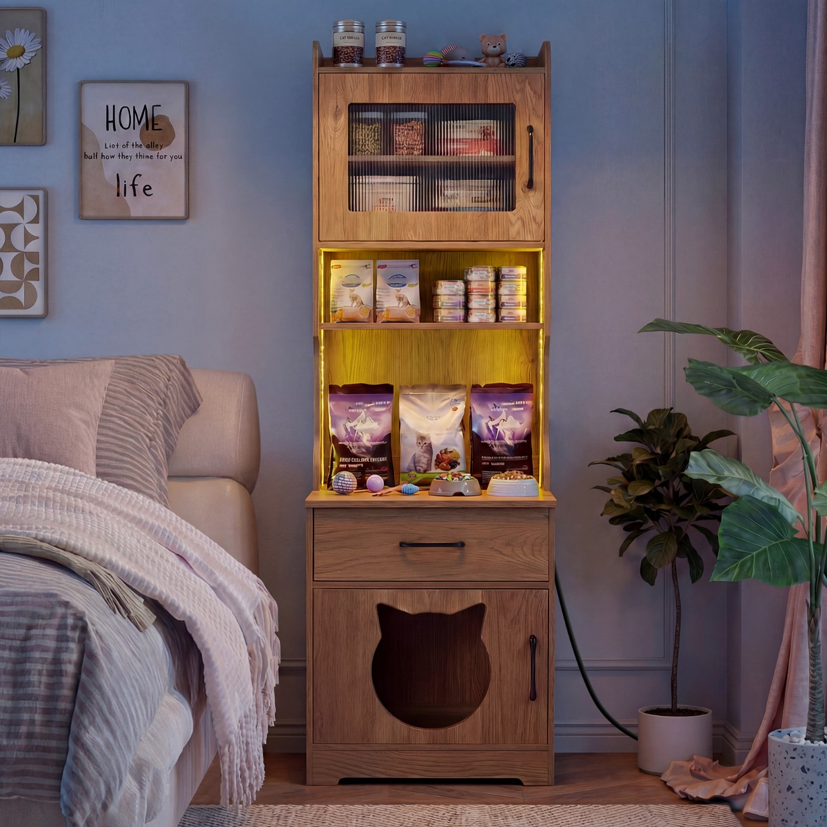 Katzenklo Schrank mit Verstellbarem LED-Licht & Regal & Ladestation & Schublade Katzentoilette Natur