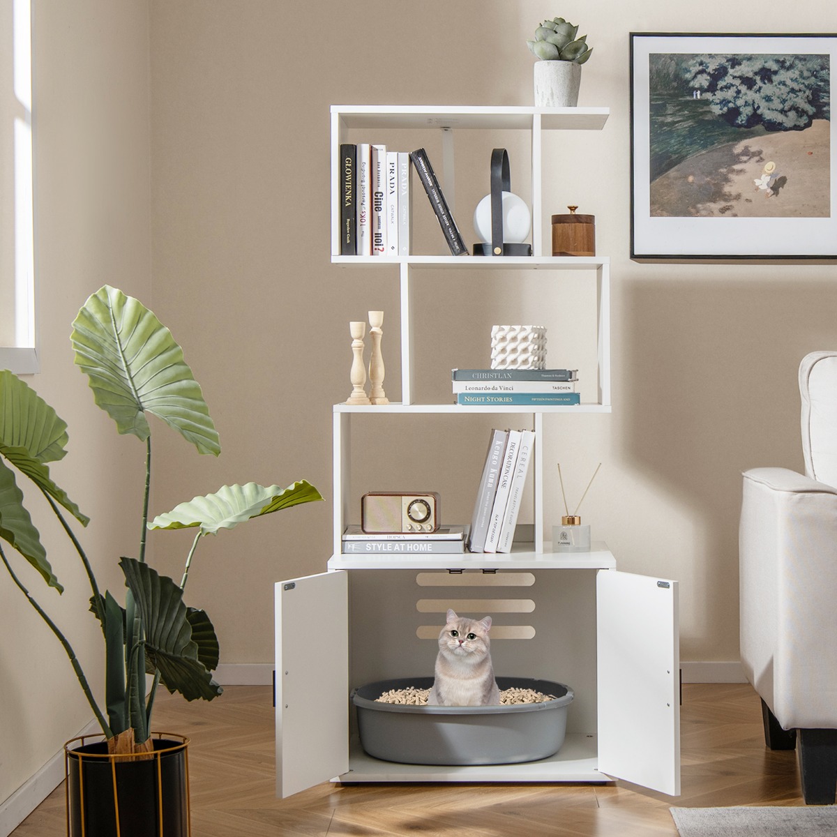 Katzenschrank mit Bücherregal Katzenklo Schrank für Katzentoilette 60 x 45,5 x 142 cm Weiß
