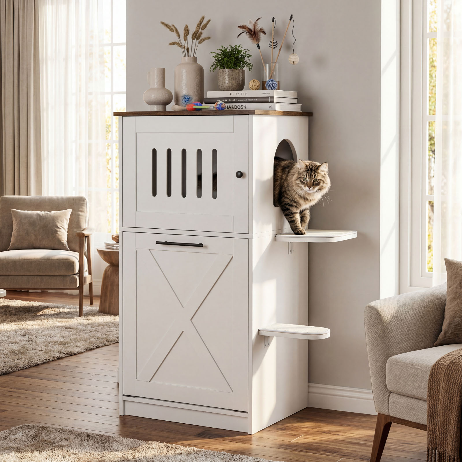 Katzenklo Schrank 115 cm Modernes Verstecktes Katzenhaus mit 2 Kratzmatten & Klappfach Weiß