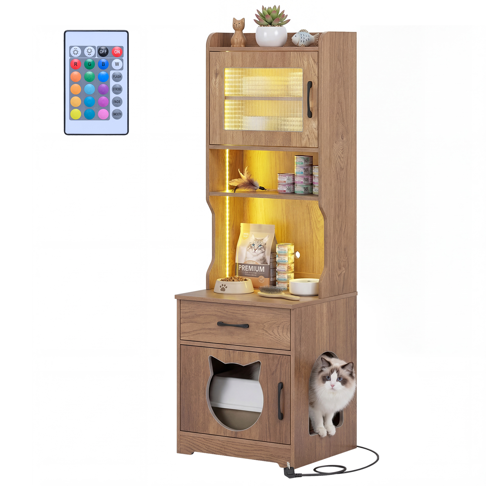 Katzenklo Schrank mit Verstellbarem LED-Licht & Regal & Ladestation & Schublade Katzentoilette Natur