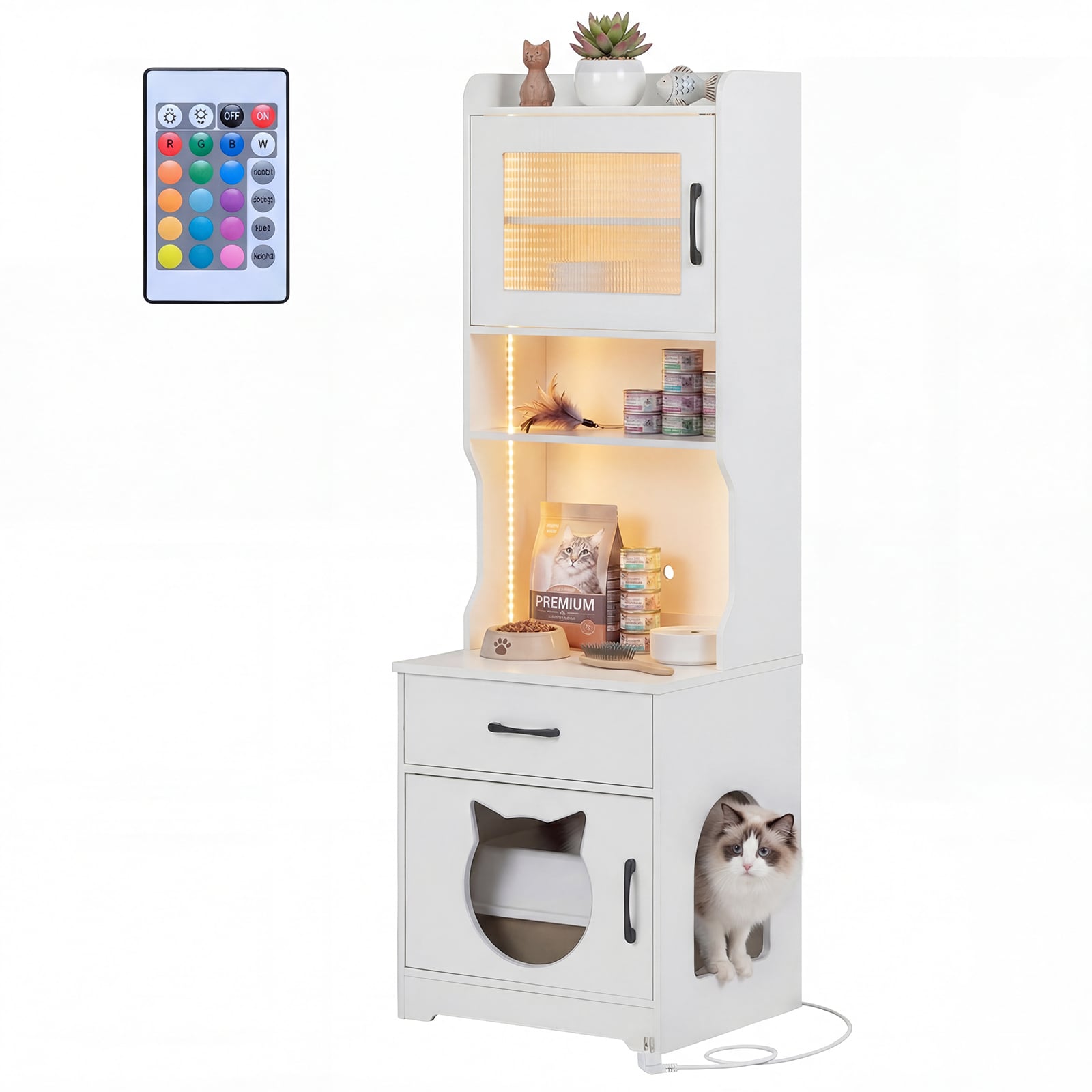 Katzenklo Schrank mit Verstellbarem LED-Licht & Regal & Ladestation & Schublade Katzentoilette Weiß