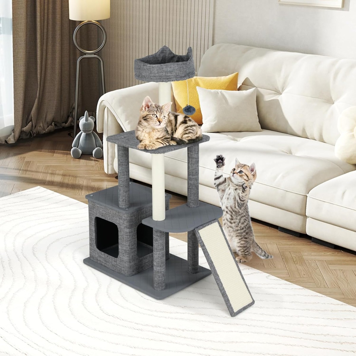 Klein Kratzbaum mit Höhle & Kratzsäulen & Sisal-Rampe & Ball Katzenbaum Kletterbaum