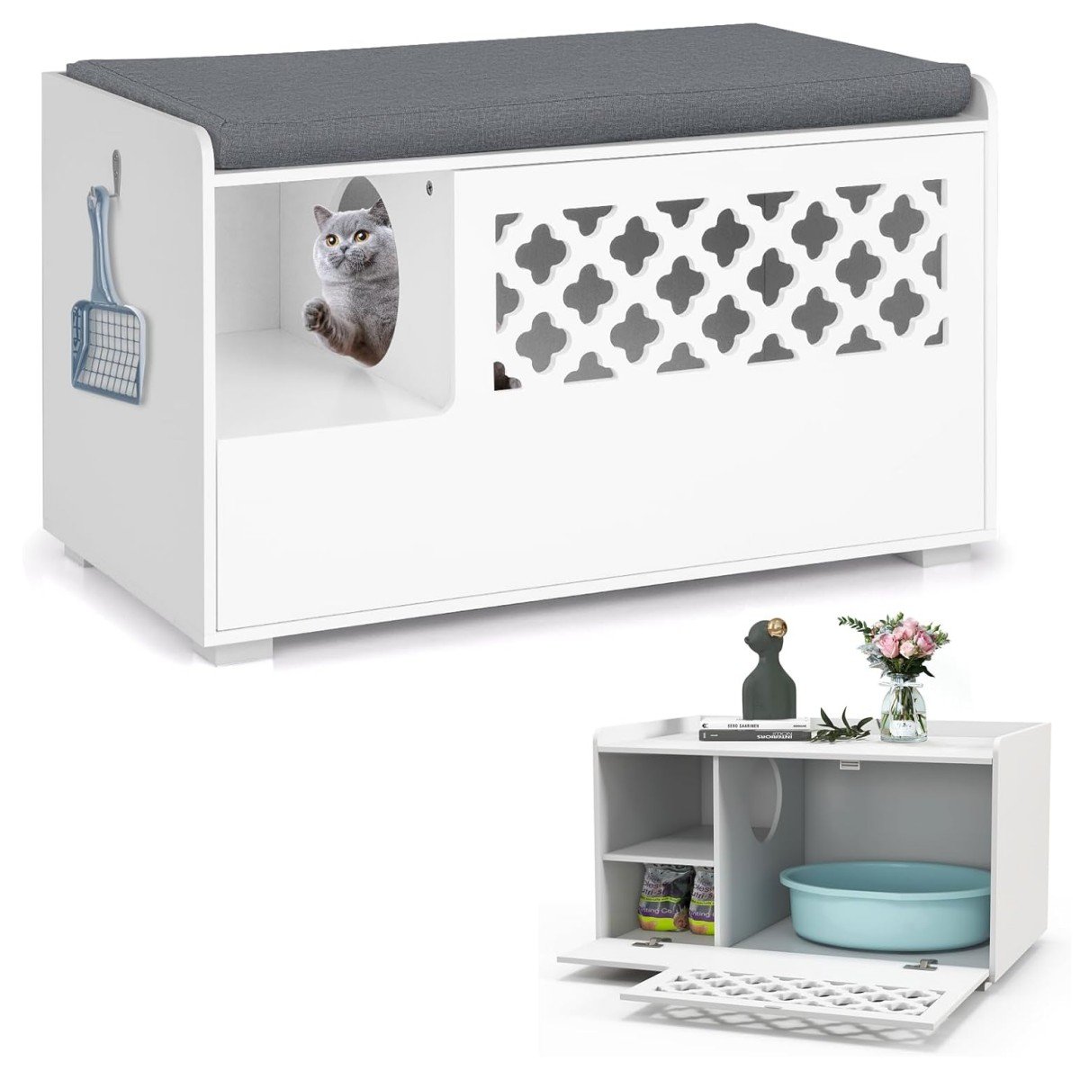 Gehäuse für Katzentoiletten multifunktionaler Katzenschrank mit abnehmbarem Kissen innerem Katzenloch und Frontklappe