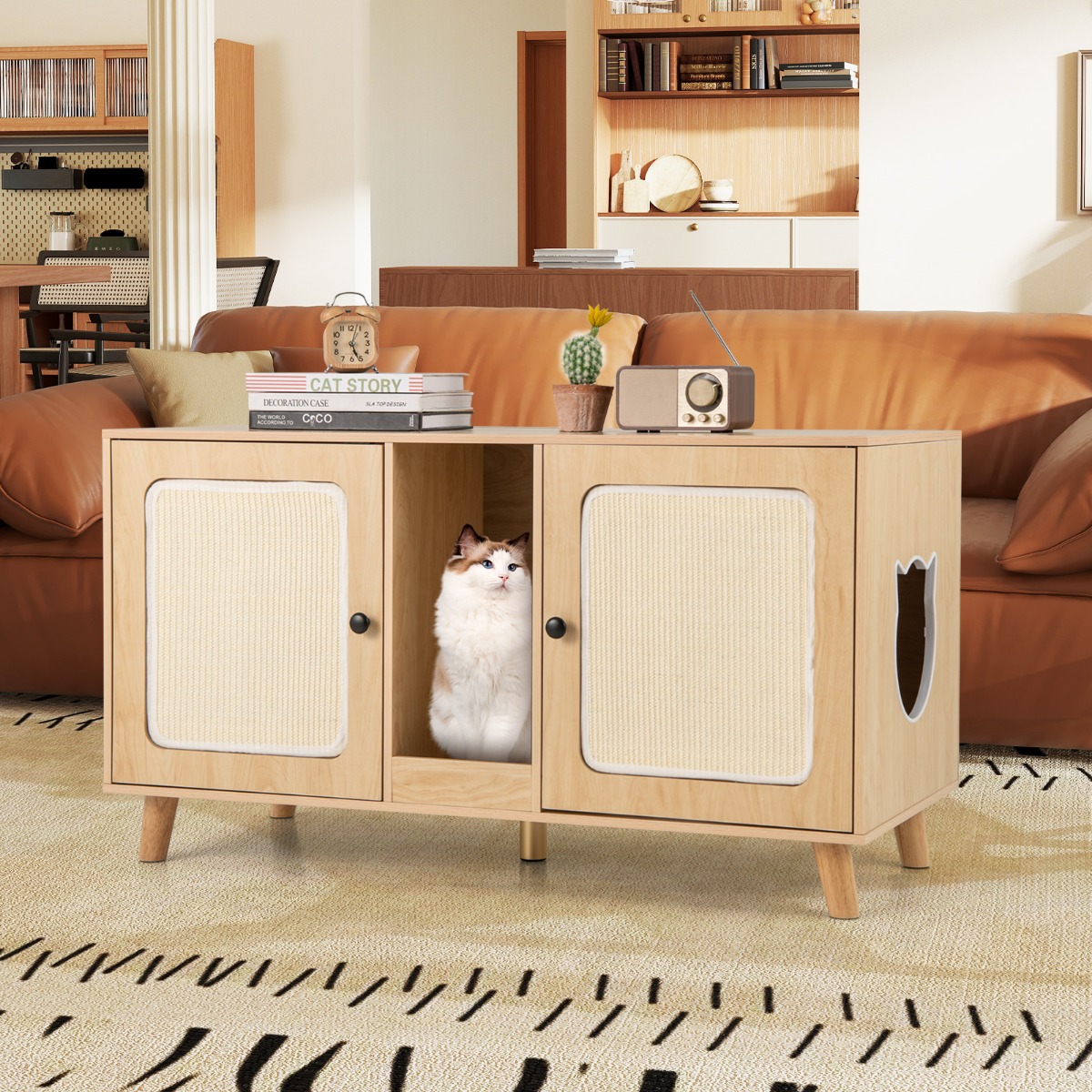 Katzenschrank für Katzentoilette Katzenklo Schrank mit 2 Türen Katzenhaus für 2 Katzen Natur