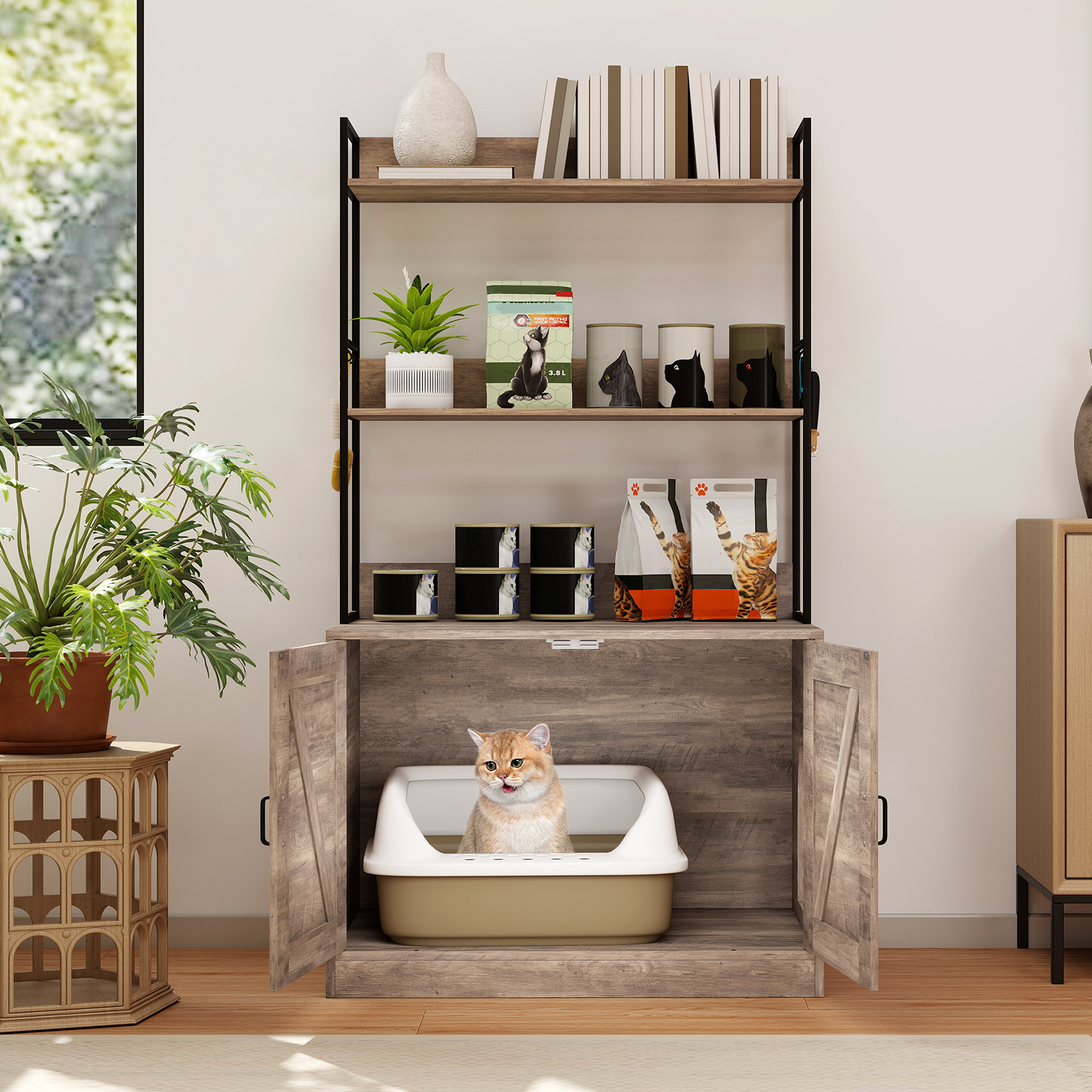 Katzenschrank für Katzentoilette mit Bücherregal Katzenklo Schrank Katzenhaus mit Eingang Grau