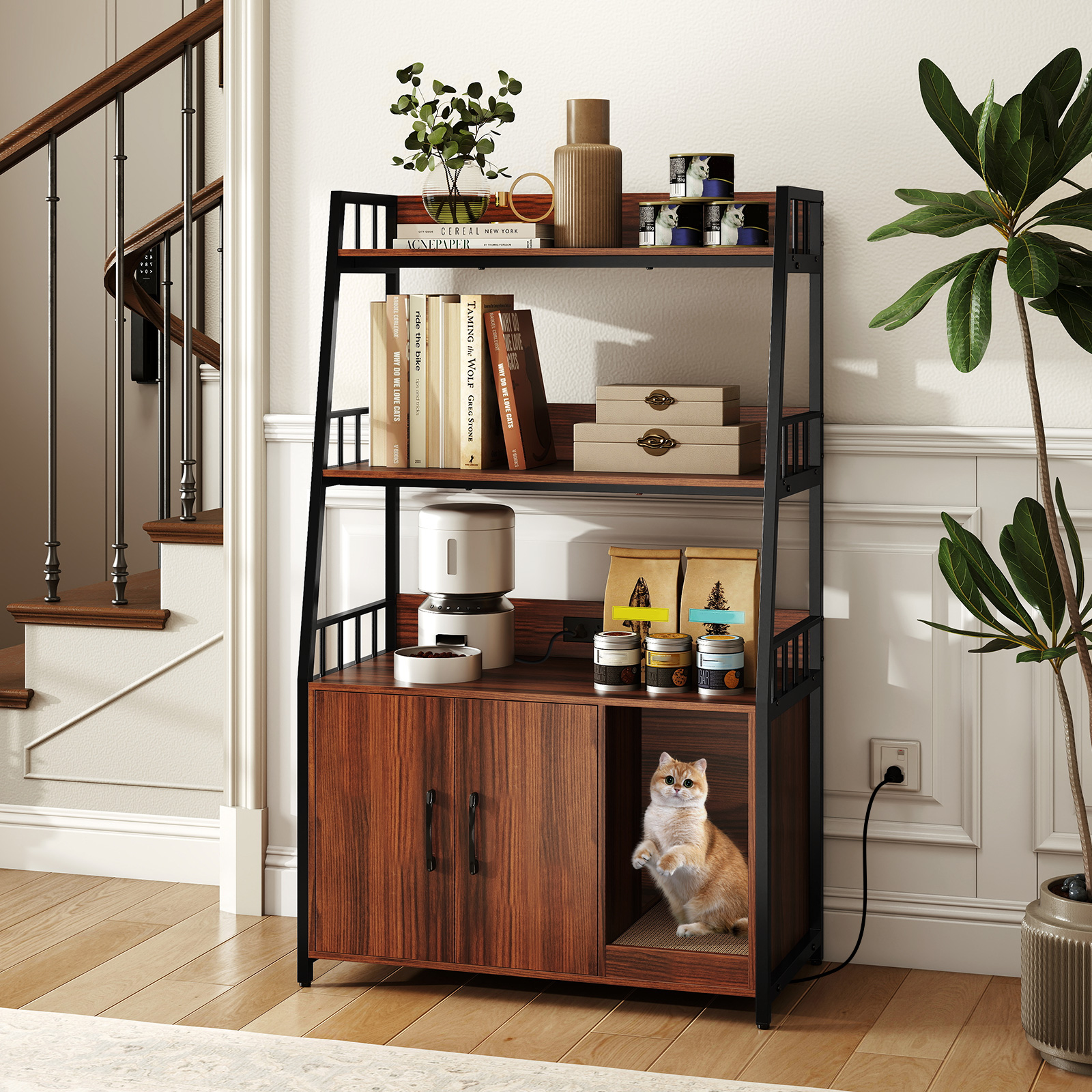 Katzenschrank mit Bücherregal Ladestation 3 Ebenen Kratzmatte & Eingang 80 x 40 x 132cm Walnuss