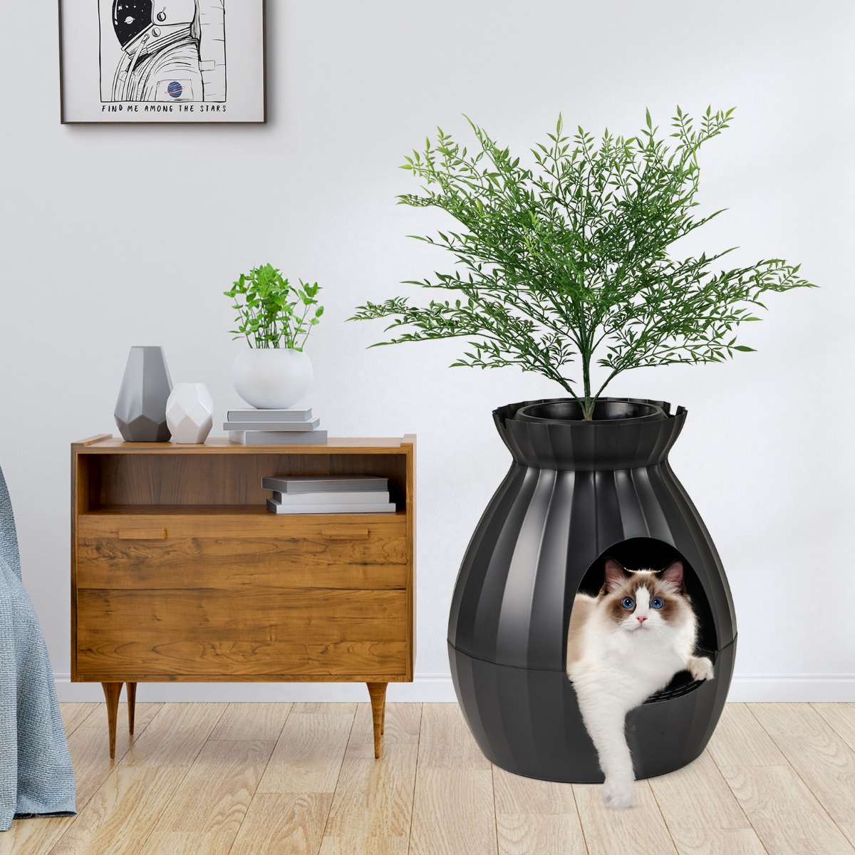 Katzentoilette intelligente Geruchsentfernung & Sterilisation Blumentopf-Stil Türvorhang 63L Katzenklo für Katzen Schwarz