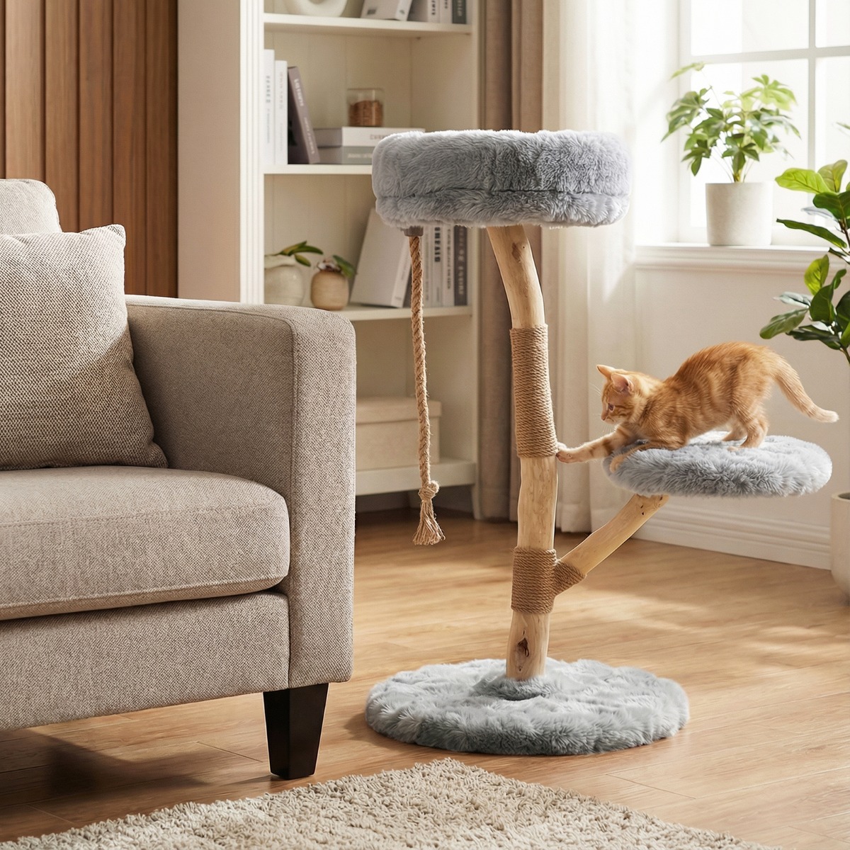 90 cm Massivholz Kratzbaum mit 3 Plüschsitzflächen Seil & Kratzpfosten Katzenbaum Katzenturm Grau