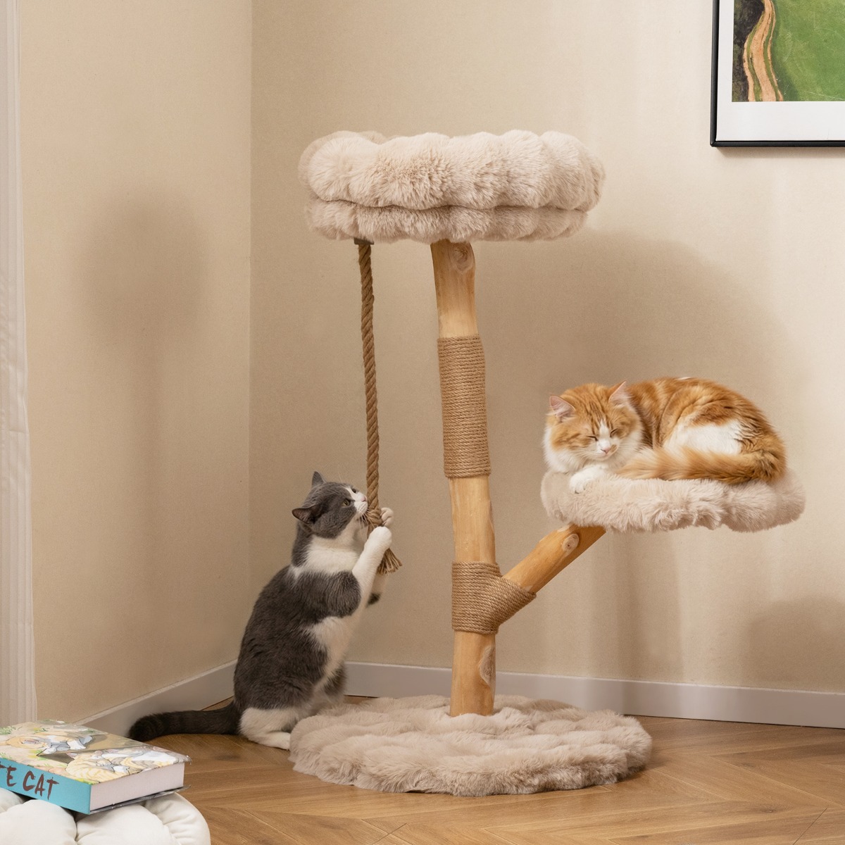 90 cm Massivholz Kratzbaum mit 3 Plüschsitzflächen Seil & Kratzpfosten Katzenbaum Katzenturm Beige