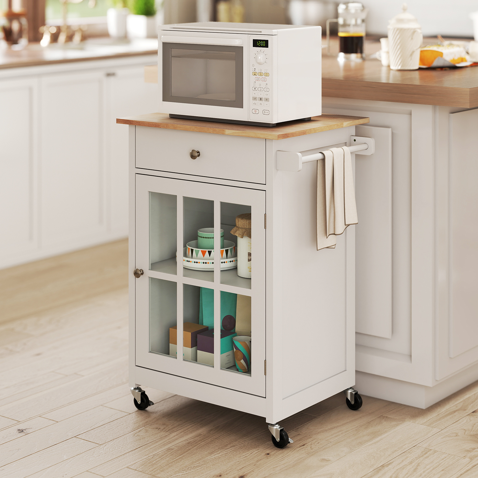 Kücheninselwagen mit Holztischplatte & Glastür & Schublade Rollender Küchenschrank Bartisch