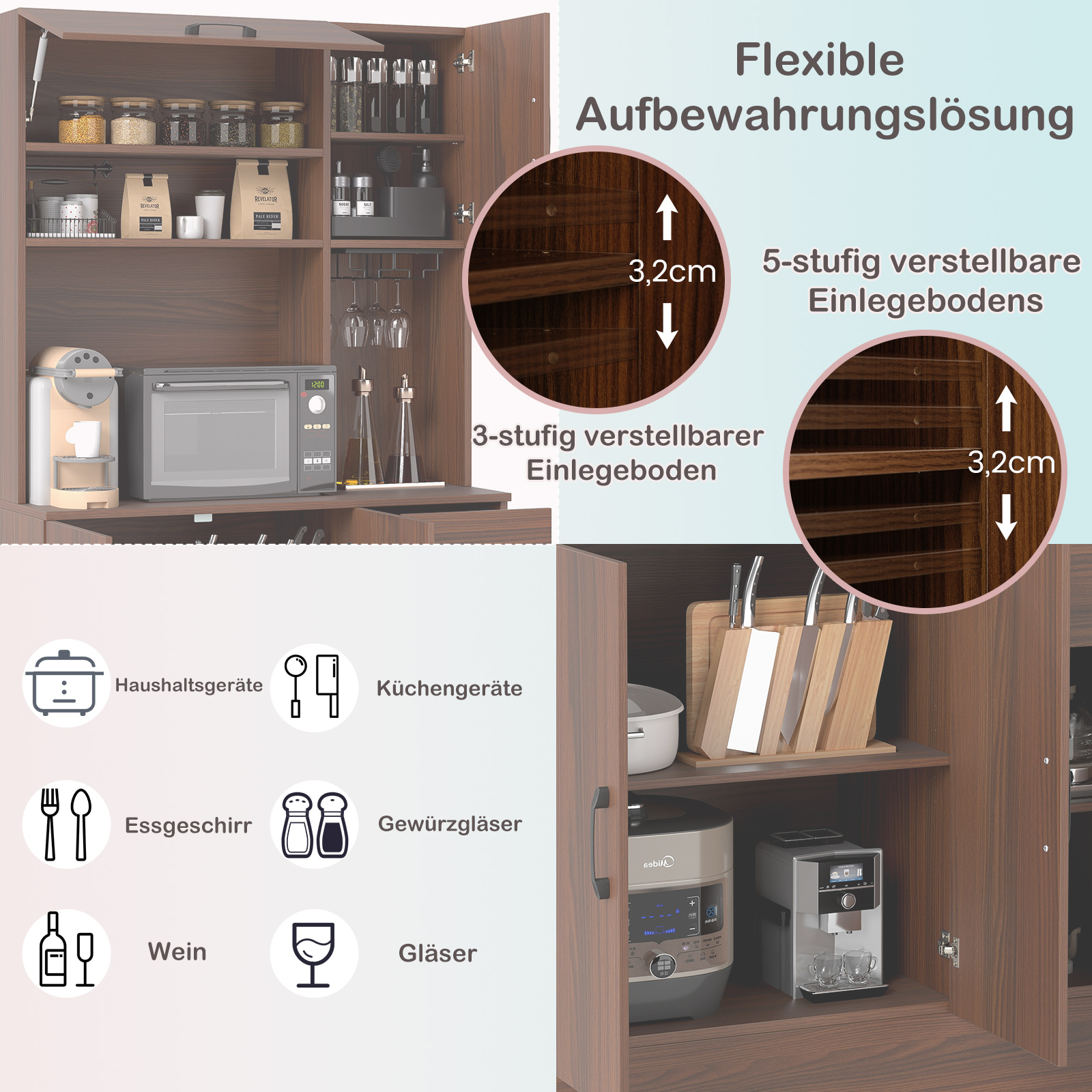 Küchenschrank Holz Buffetschrank mit Steckdosen & USB-Anschlüsse & Type C Hochschrank Braun 90 x 39 x 167 cm