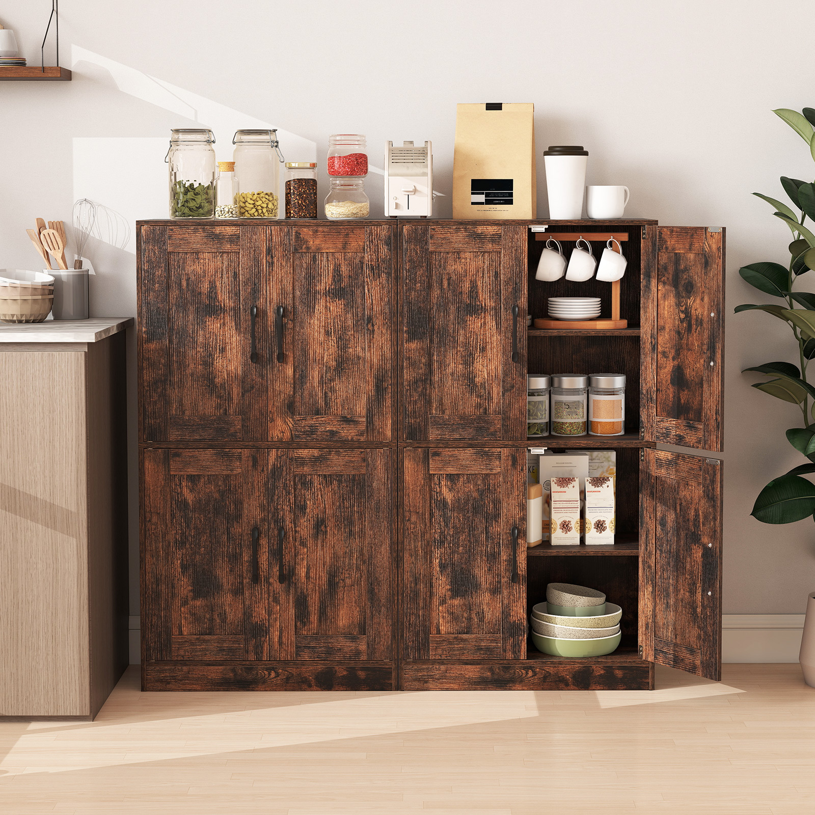 Küchenschrank mit 4 Türen & Verstellbaren Regalen Buffetschrank Vorratsschrank Braun