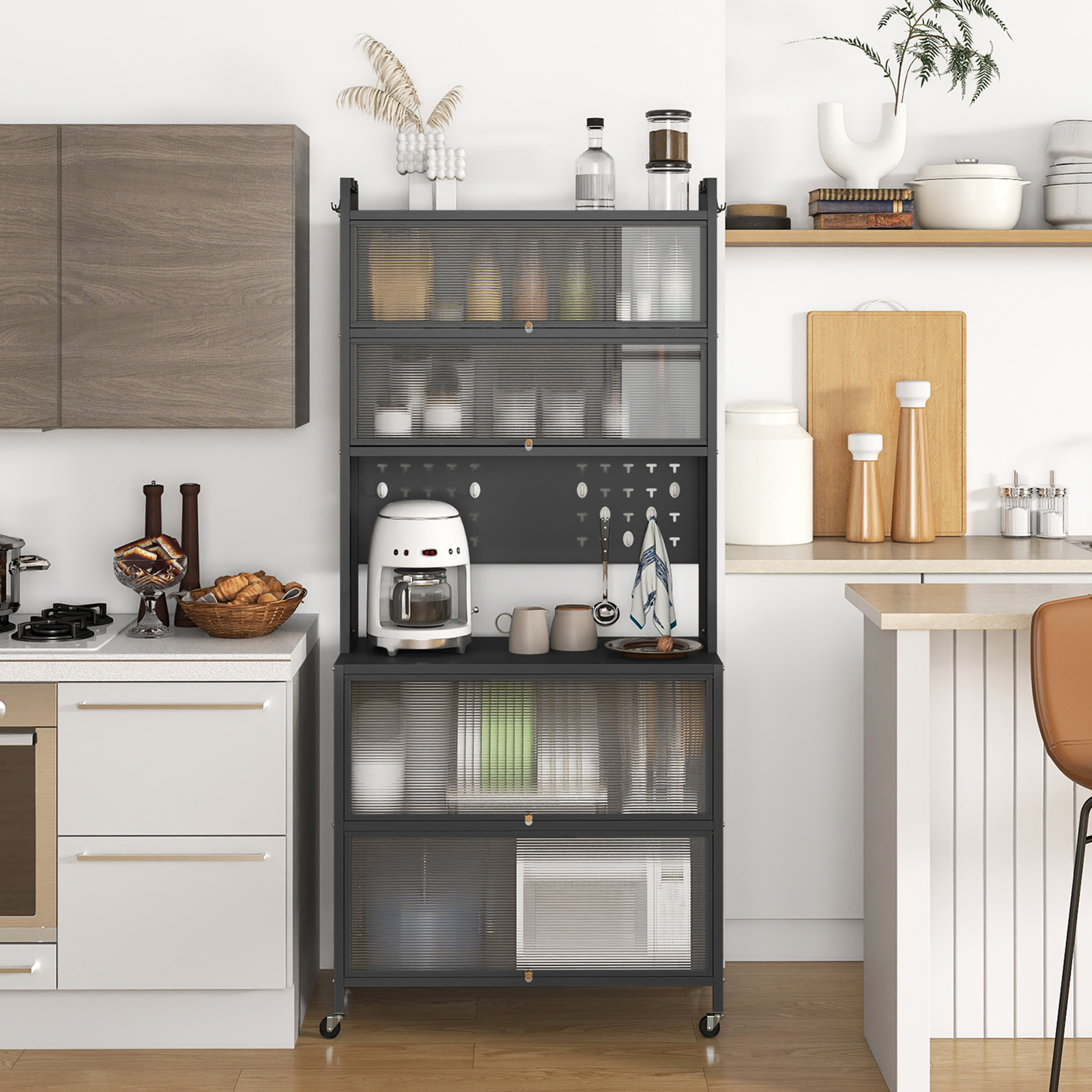 Küchenschrank mit 6 Ebenen Buffet-Schrank mit Regal Klapptüren Mikrowellen-Arbeitsfläche Grau