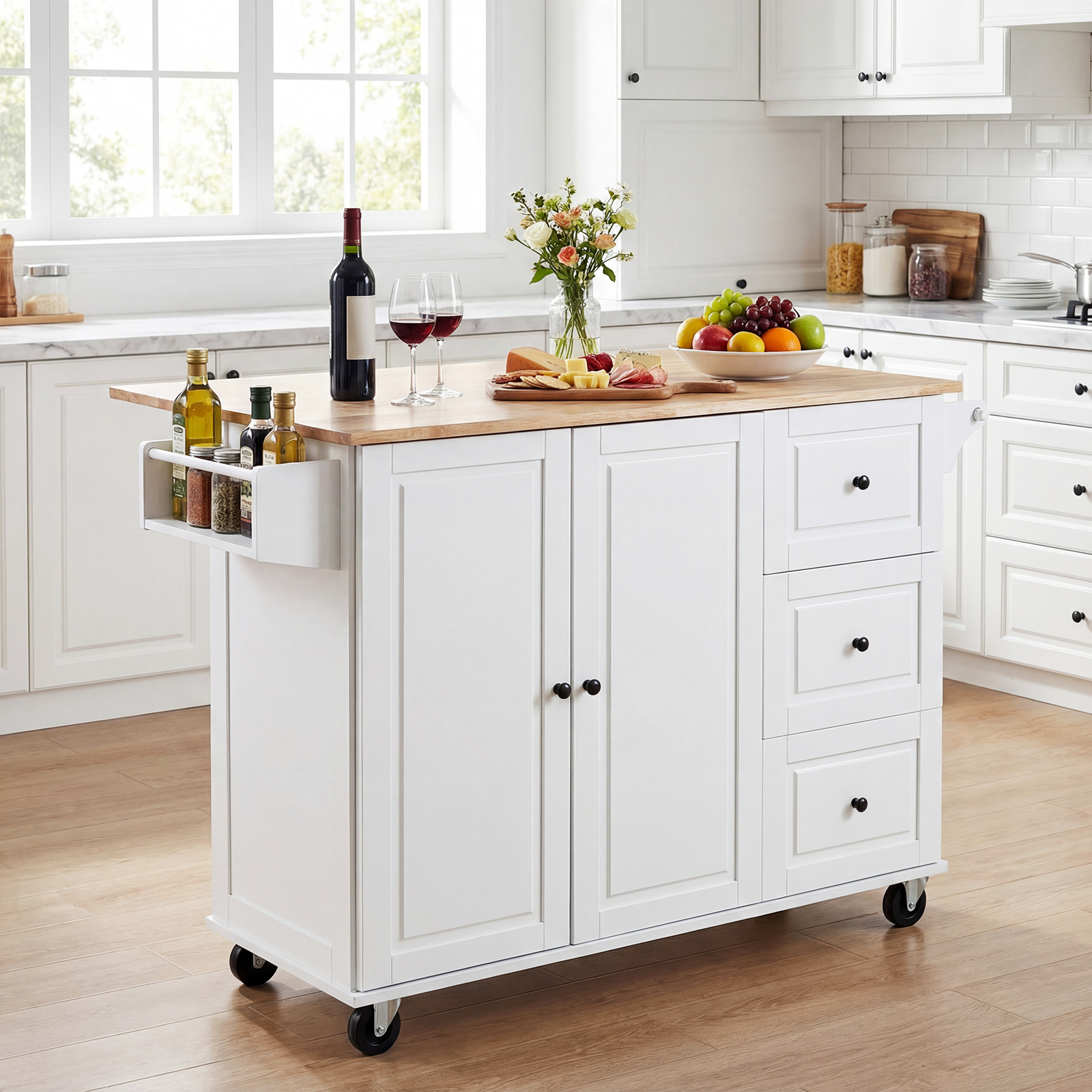 Küchenwagen Kücheninsel auf Rollen mit 3 Schubladen & Schrank verstellbaren Regalen Weiß