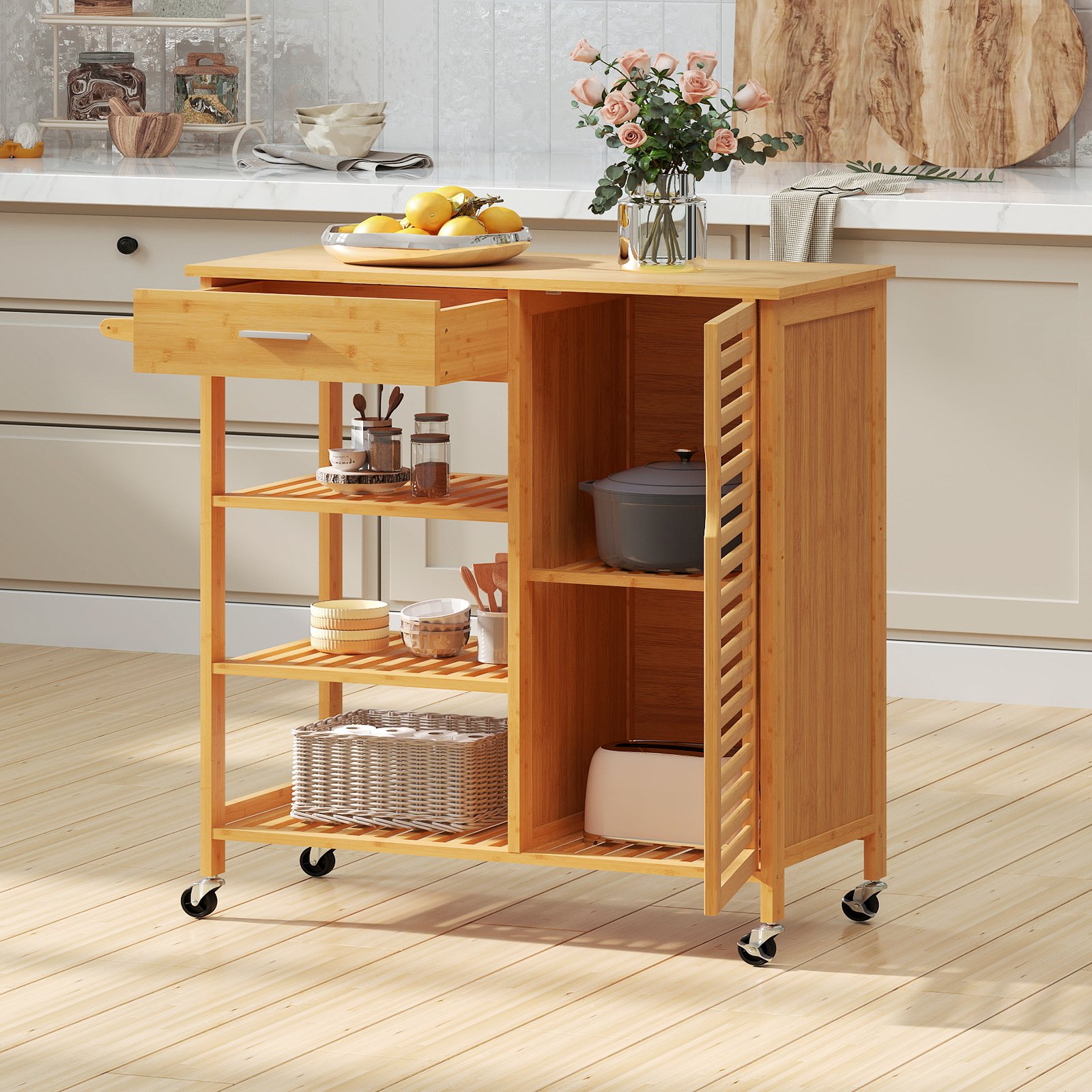 Küchenwagen mit Stauraum Bambus-Rollwagen Servierwagen mit Schublade 3 offene Regale Einzeltür-Schrank Natur