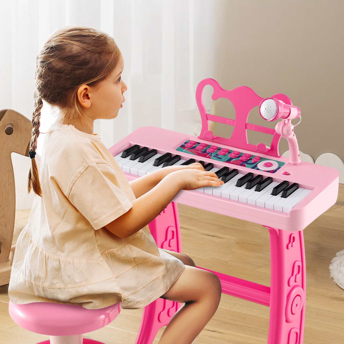 37 Tasten Kinder Keyboard Kinderklavier elektronisch mit Hocker Mikrofon & Notenständer Rosa