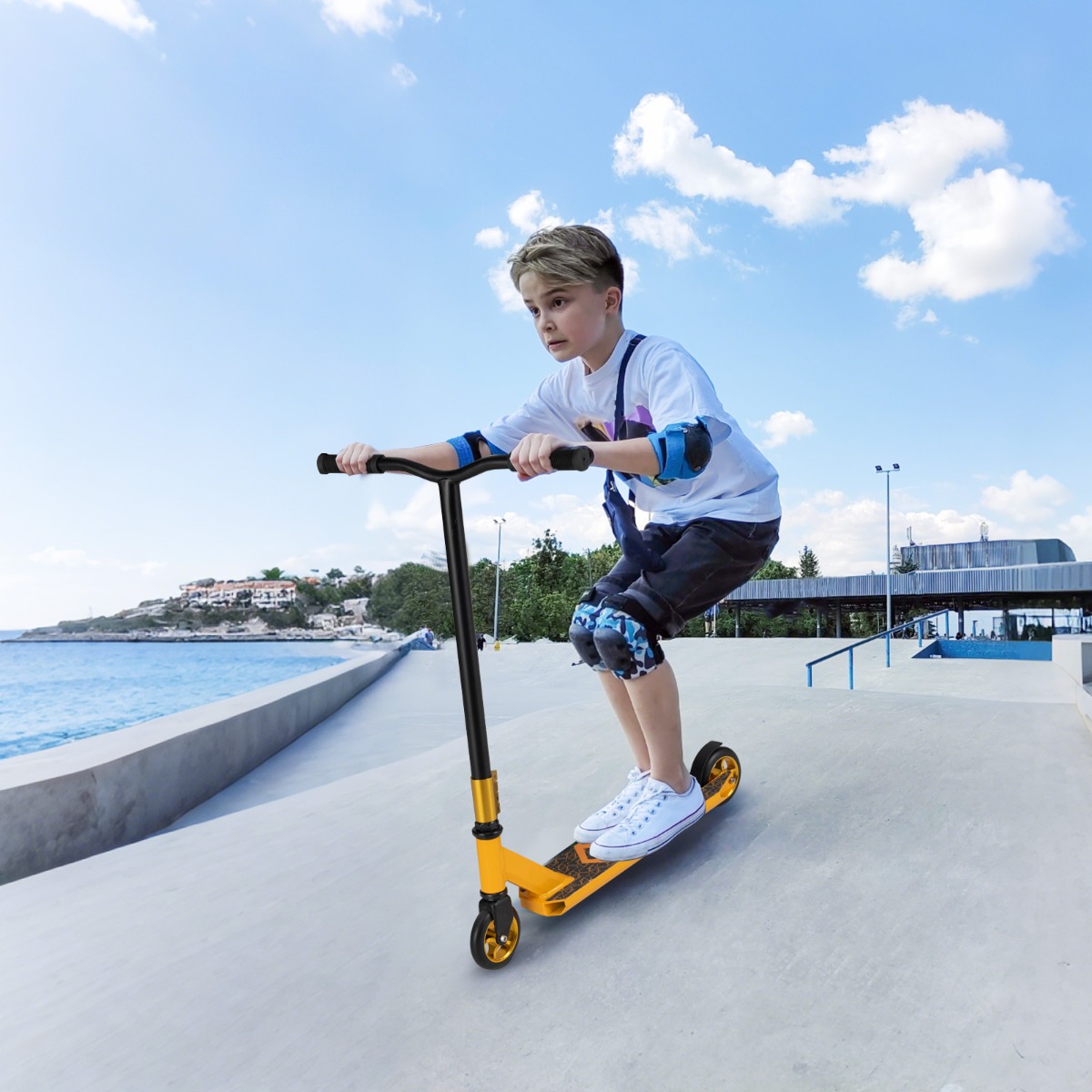 Stunt Scooter mit 360 Lenkung & PU Rädern & Aluminiumdeck Stuntscooter Funscooter Gelb