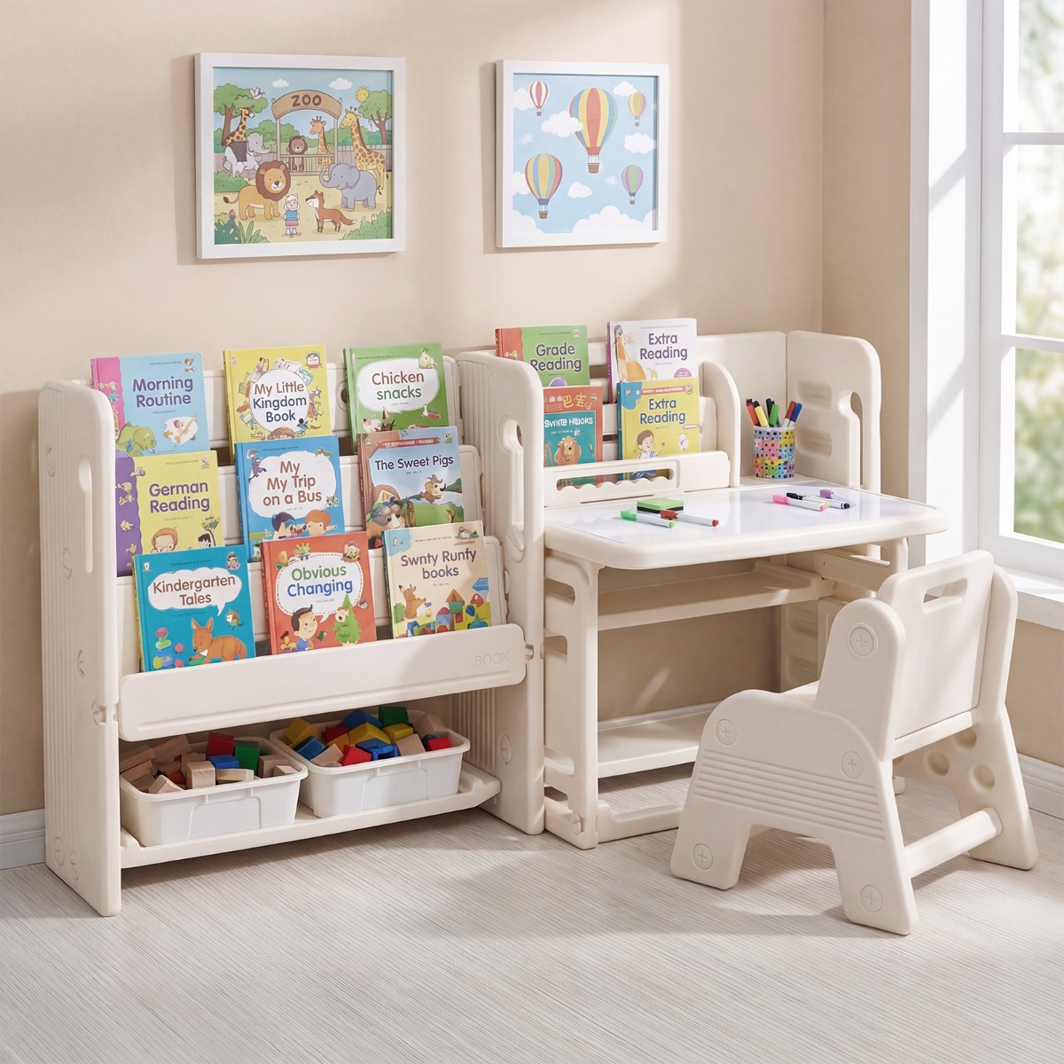 4 in 1 Kinder Tisch Stuhl Set Kindertisch mit Bücherregalen & Whiteboard & 2 Aufbewahrungsboxen Maltisch