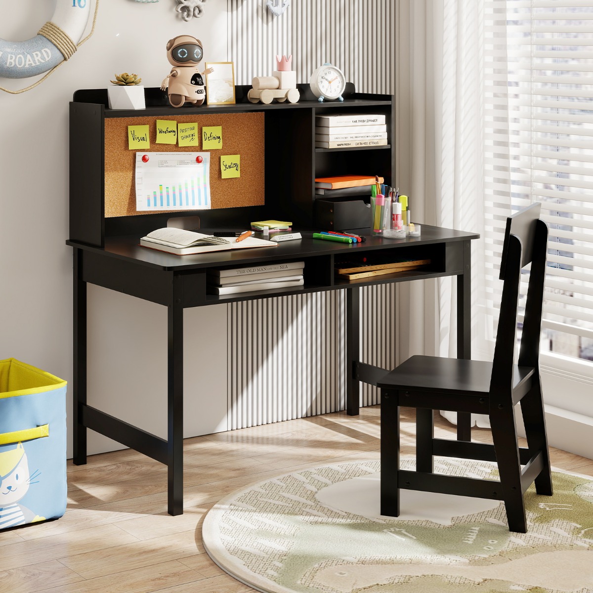 Kinderschreibtisch mit Stuhl Holz-Schülerschreibtisch mit Kork-Pinnwand Schublade Schwarz