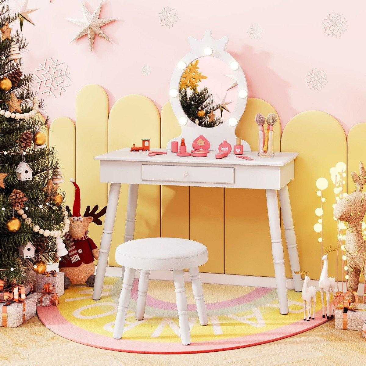 Schminktisch Kinder mit Beleuchtung 2 in 1 Frisiertisch Prinzessin mit abnehmbarem Spiegel Weiß