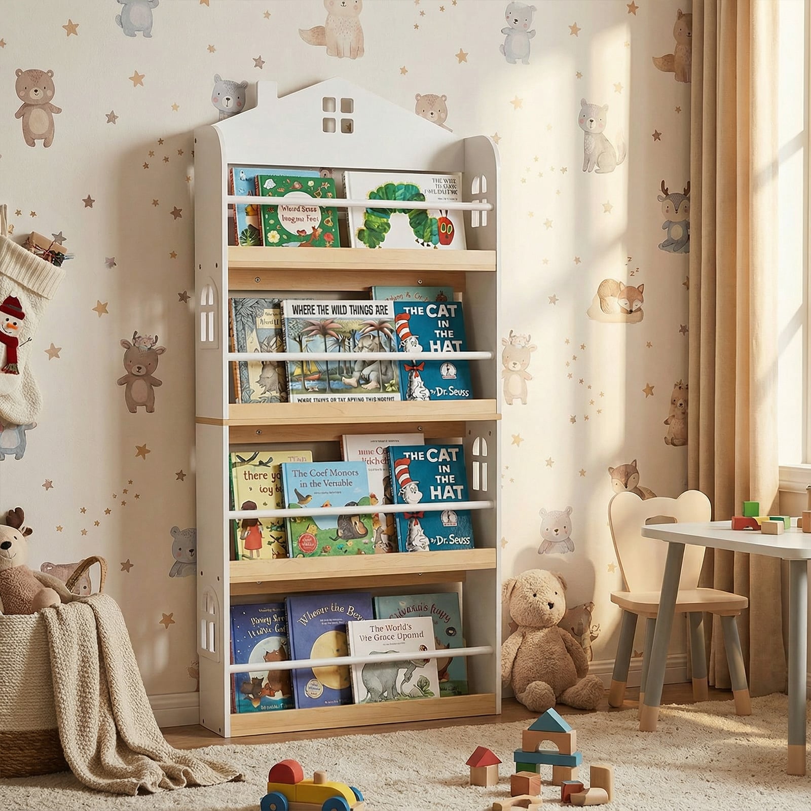 Kinderbücherregal in Hausform mit Anti-Fall-Schutz & Metallstangen Montessori Kinderregal