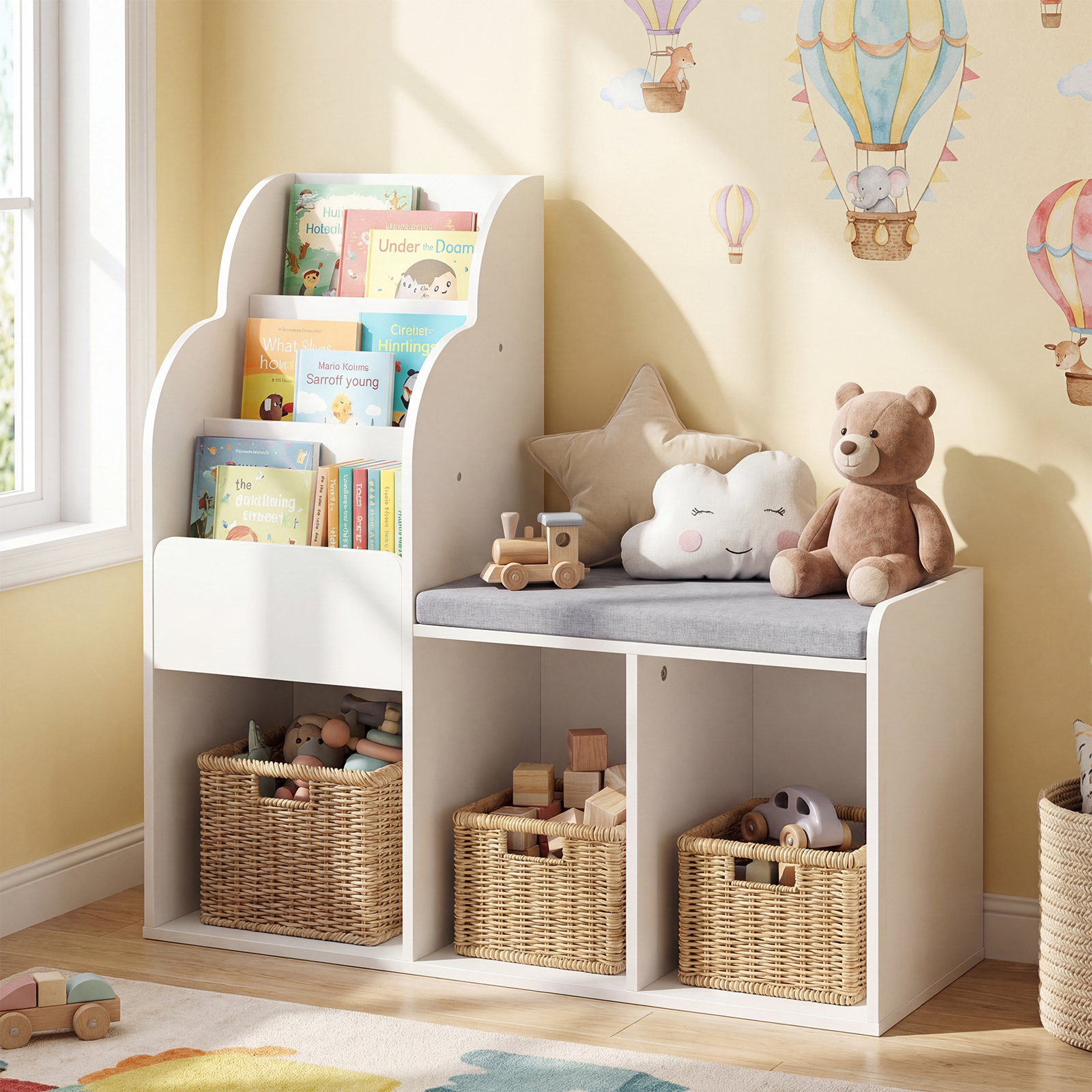 Kinder Bücherregal mit Sitzbank & 3 Ablagen & 3 Fächern & Versteckem Staufach Kinderregal