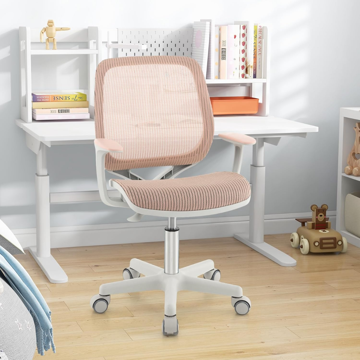 Höhenverstellbarer Kinderdrehstuhl mit Sitzbremse Ergonomischer Schreibtischstuhl auf Rollen Rosa